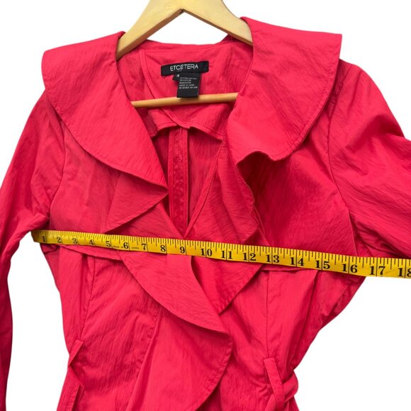 Etcetera Belted Ruffle Jacket Womens Coral Red Pink Trench Coat Size 4 - Picture 10 of 16